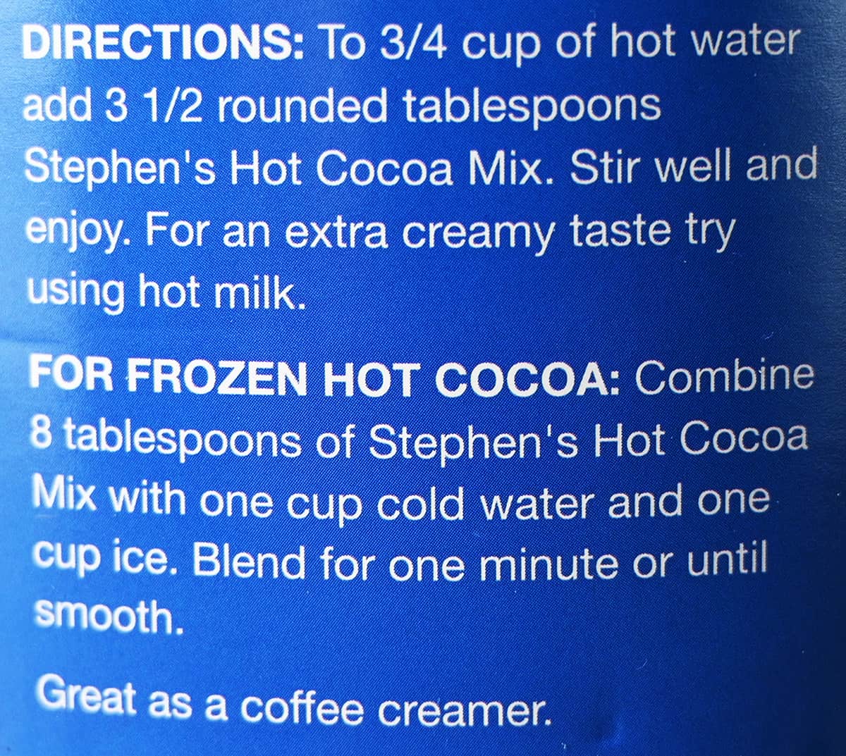 Image of the milk chocolate cocoa directions for mixing from the back of the container.
