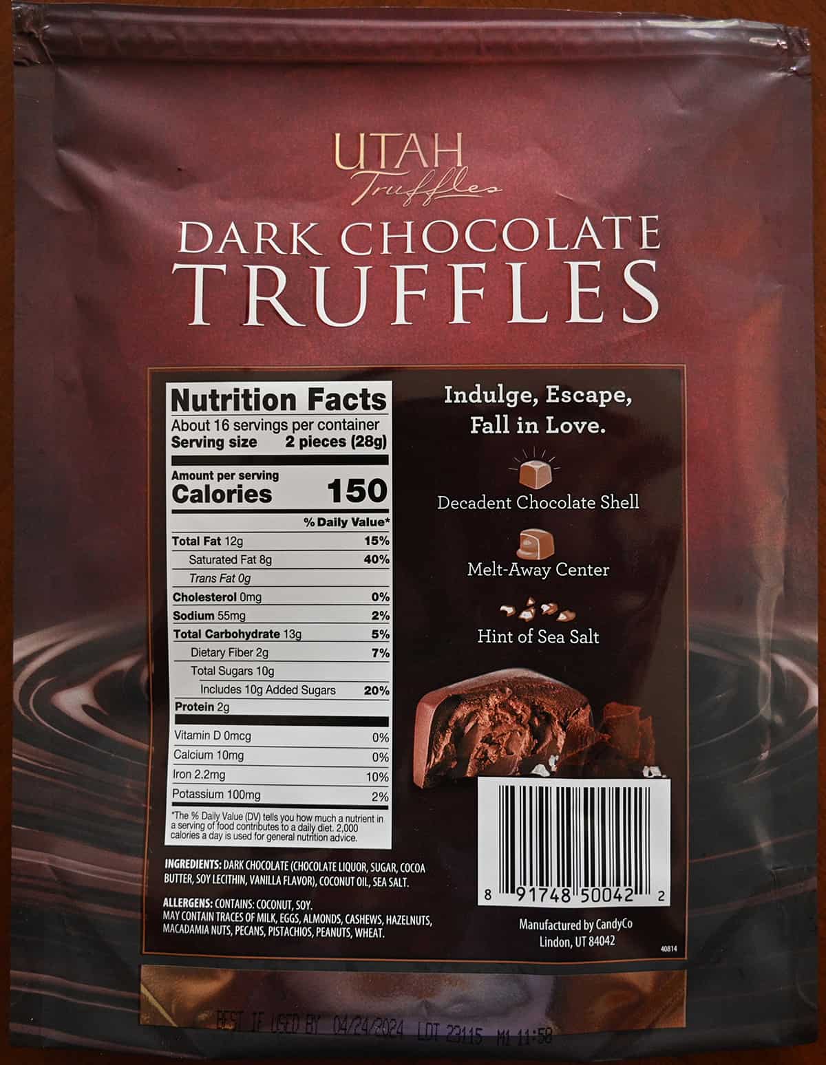 Image of the back of the bag of the dark chocolate sea salt truffles showing ingredients, nutrition facts and product description.