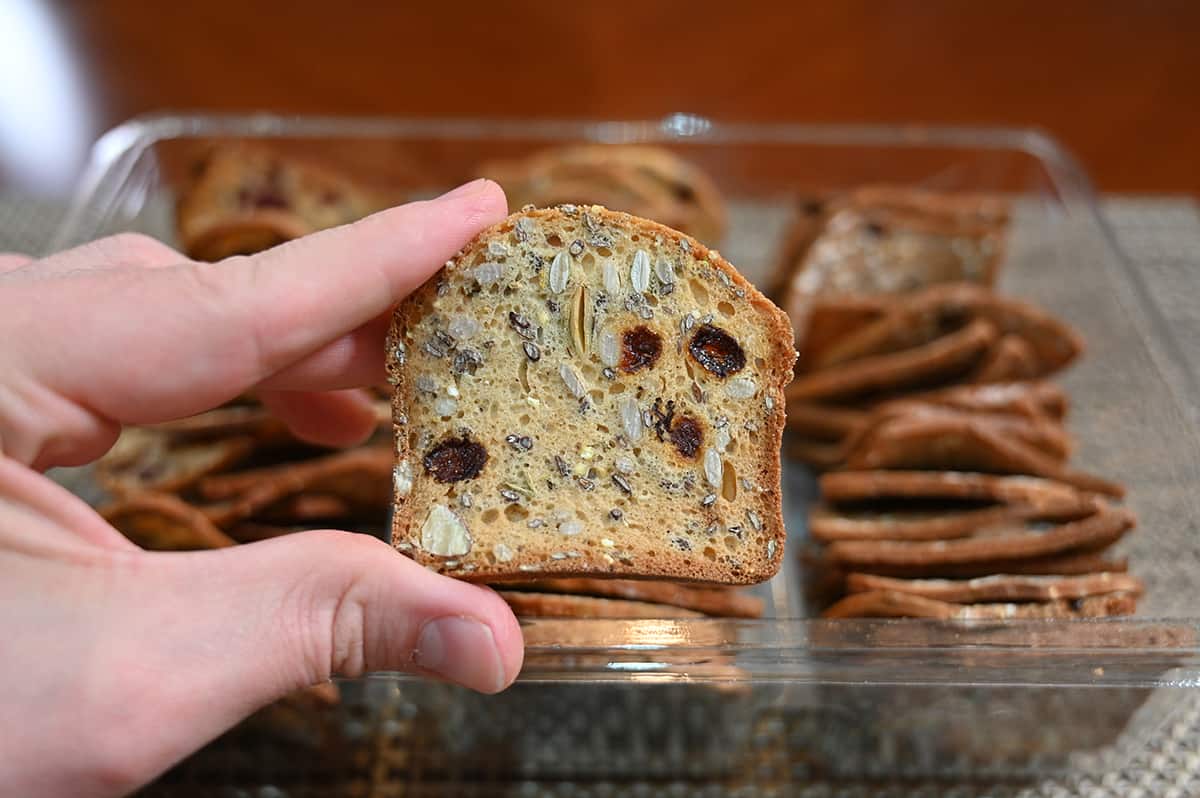 Image of a hand holding a rosemary, raisin and almond cracker close to the camera.