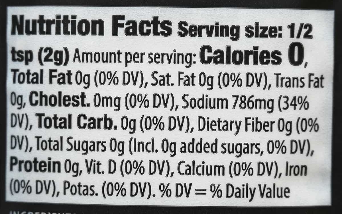 Image of the nutrition facts for the pretzel salt seasoning.