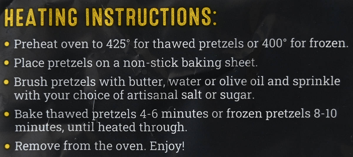 Image of the heating instructions for the wheelhouse pretzels from the back of the box.