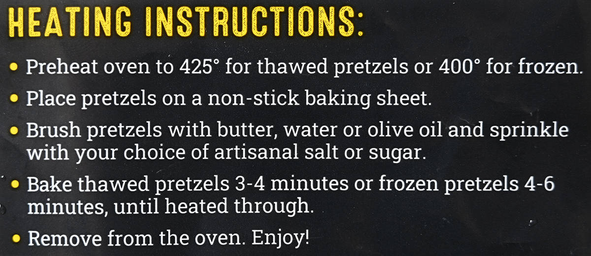 Image of the heating instructions for the one-timer bite pretzels from the back of the box.