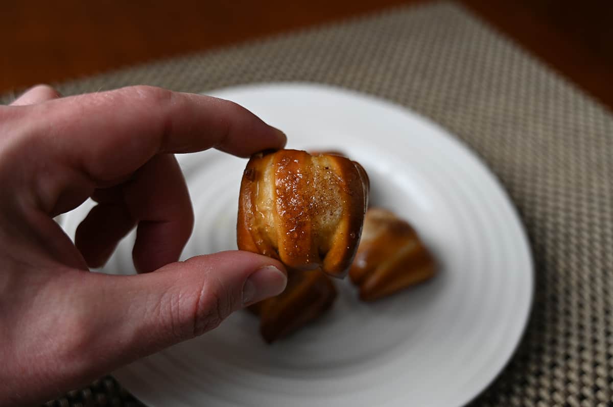 Image of the a hand holding a one-timer bite with french toast sugar on it close to the camera.