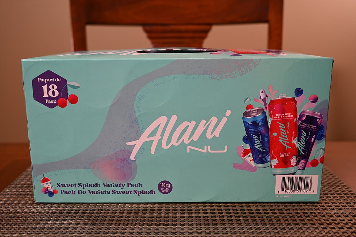 Image of the Costco Alani Nu Energy Drinks box on a table unopened.