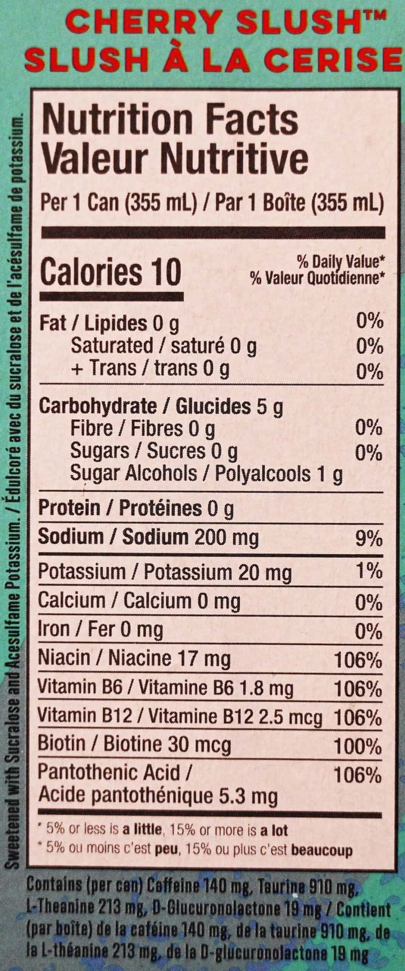 Image of the cherry slush nutrition facts from the back of the box.