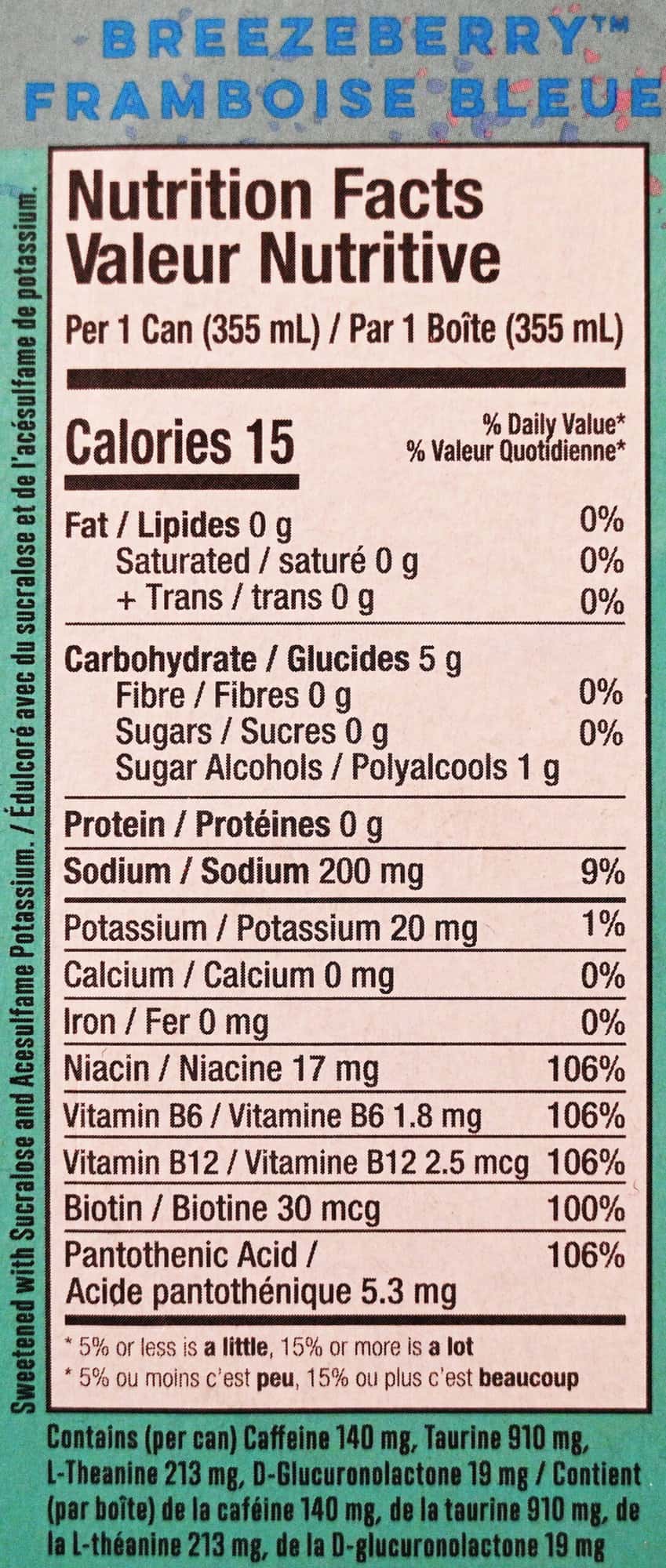 Image of the breezeberry nutrition facts from the back of the box.