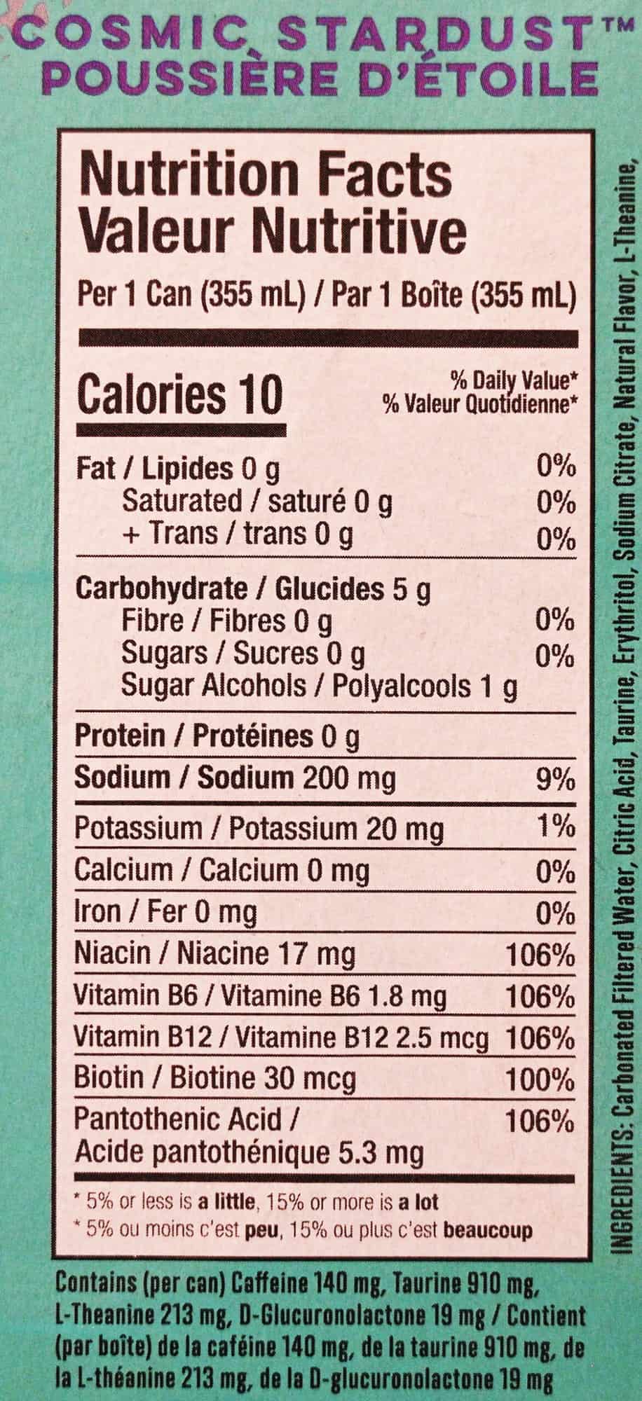 Image of the cosmic stardust nutrition facts from the back of the box.