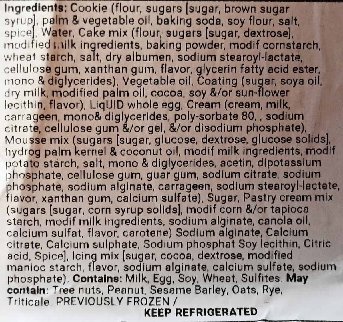 Image of the ingredients list from the label on the cake.