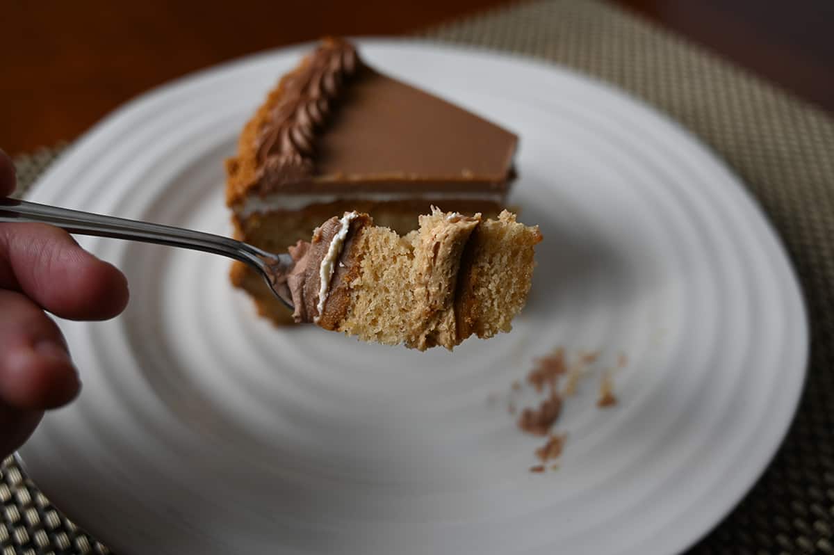 Closeup image of one piece of cake served on a white plate with a forkful of cake hovering over the piece of cake. 