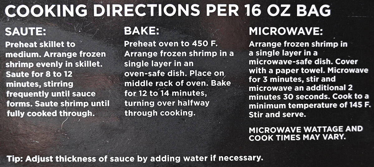 Image of the cooking directions for the shrimp from the back of the box.