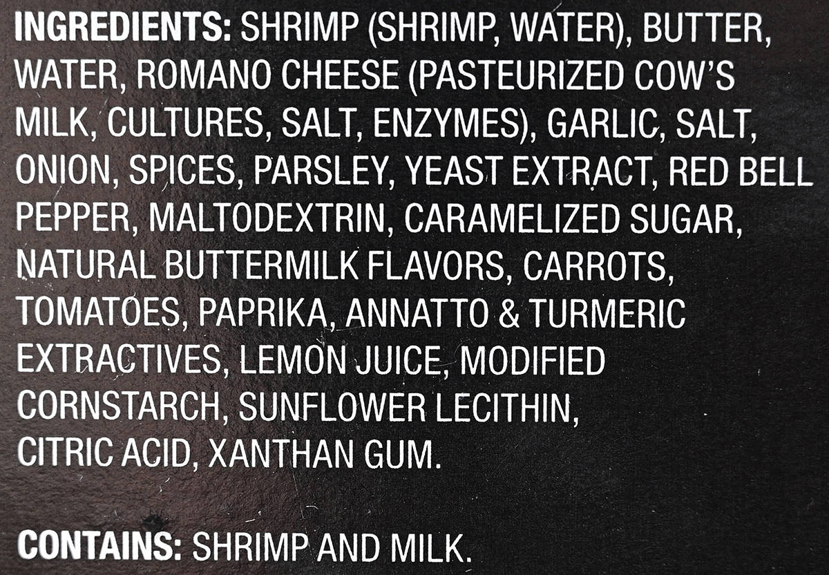 Image of the ingredients for the shrimp from the back of the box.