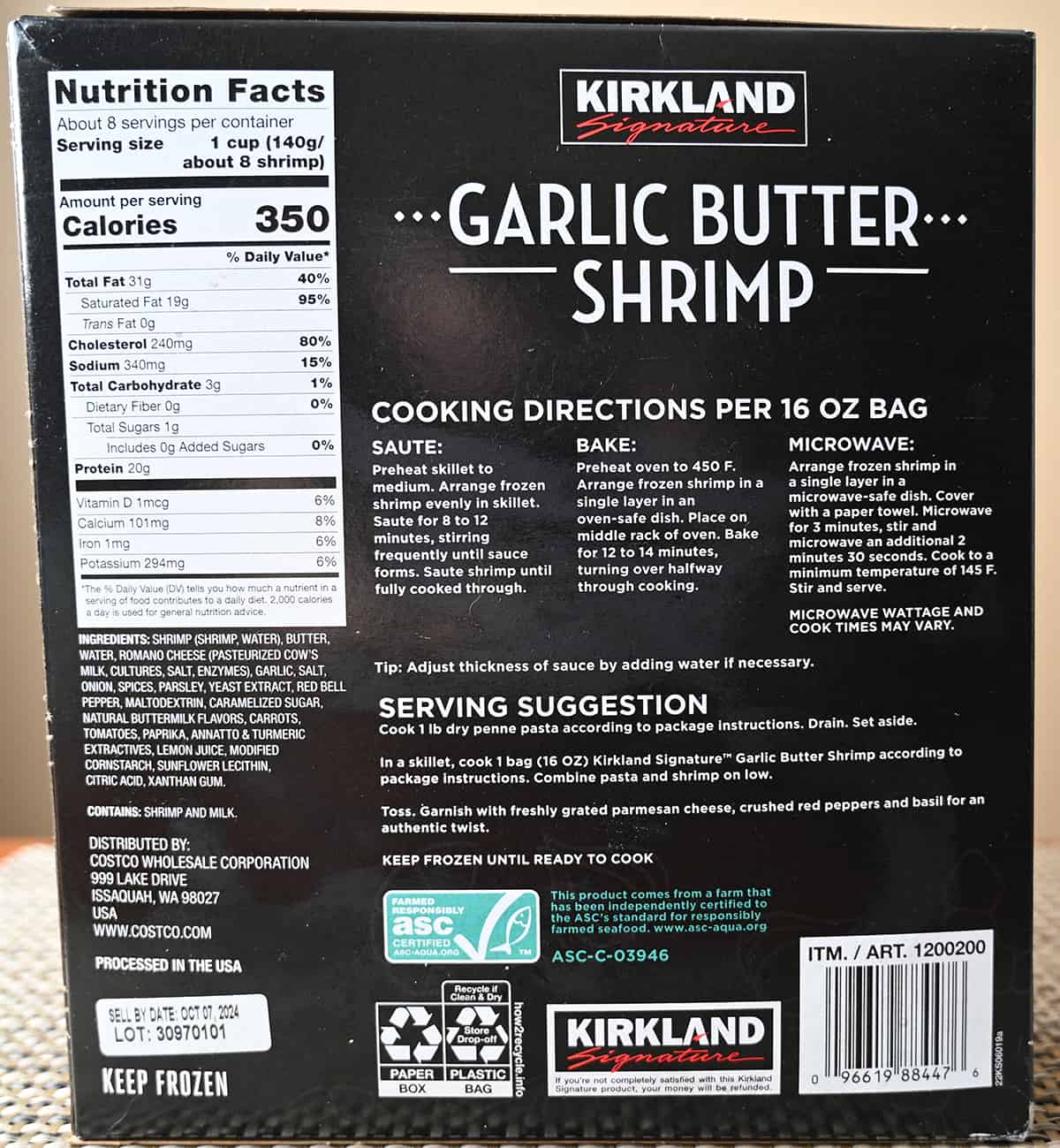 Image of the back of the garlic butter shrimp box showing ingredients, cooking directions and nutrition facts.