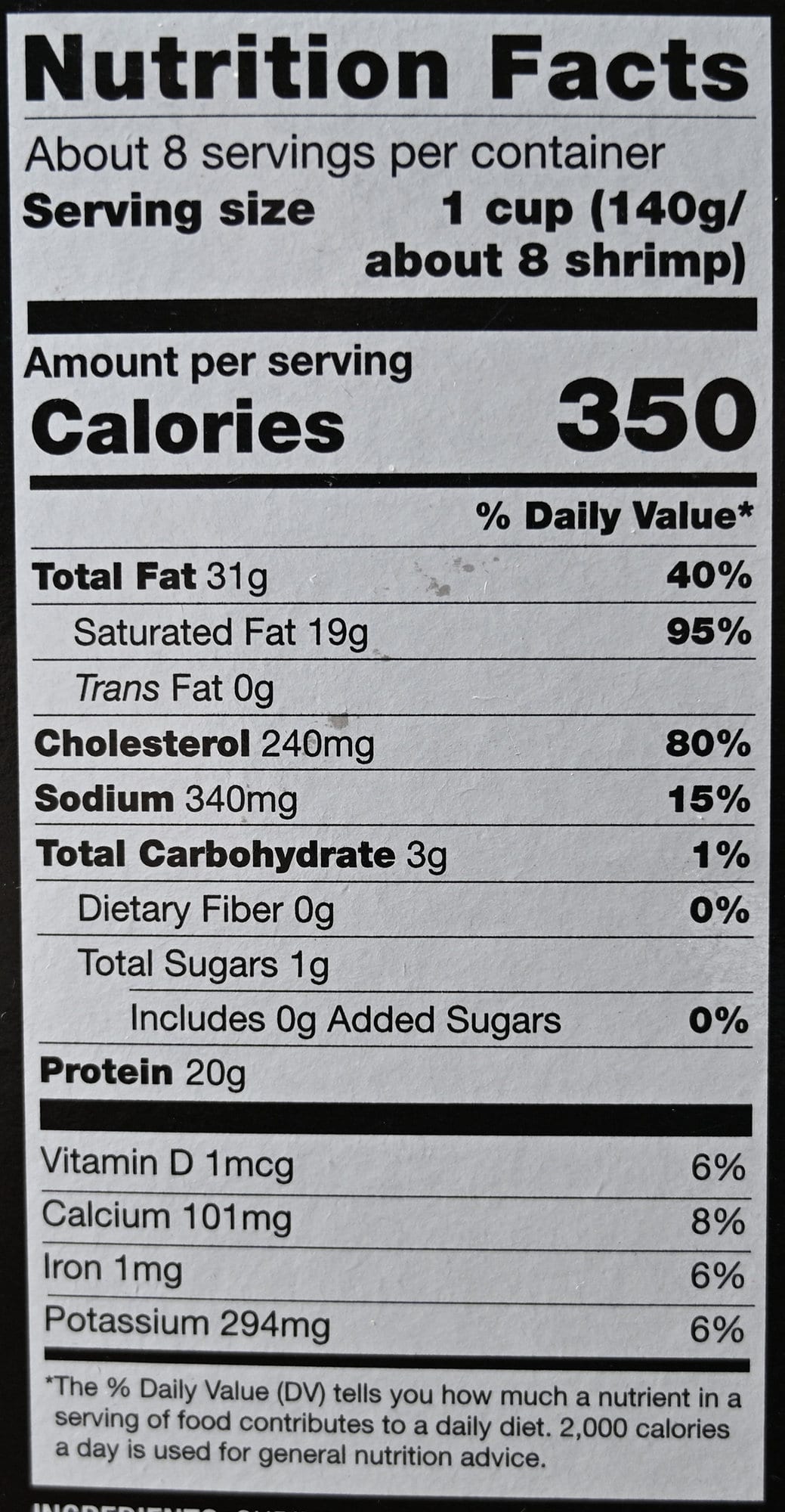 Image of the nutrition facts for the garlic butter shrimp from the back of the box.