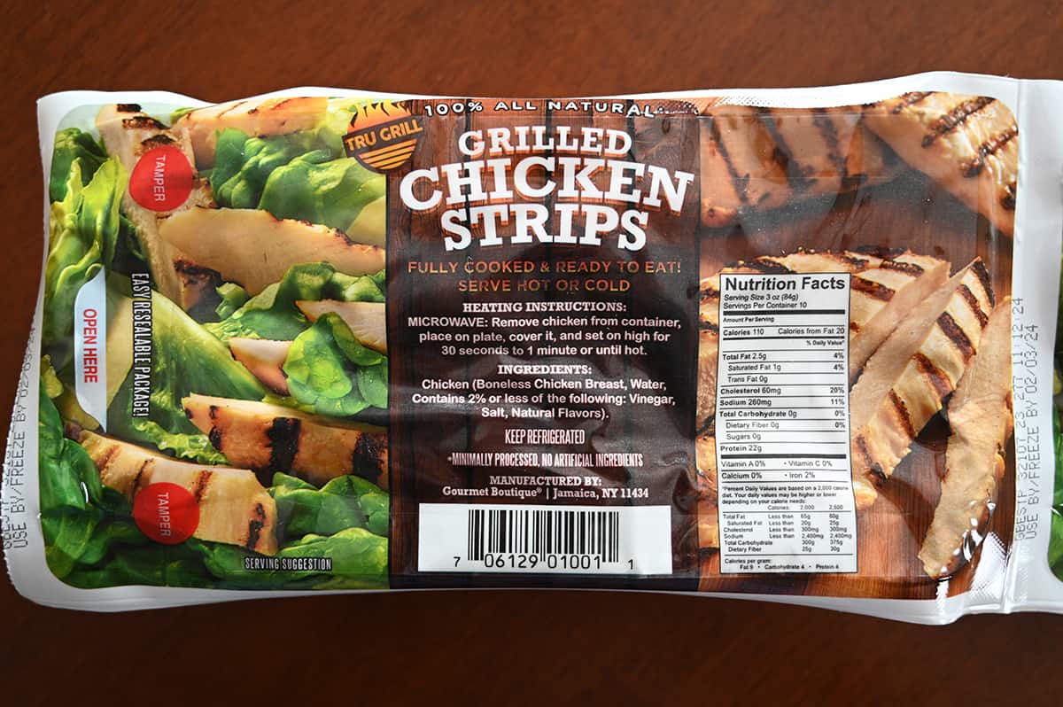 Costco Tru Grill Grilled Chicken Strips package sitting on a table unopened.