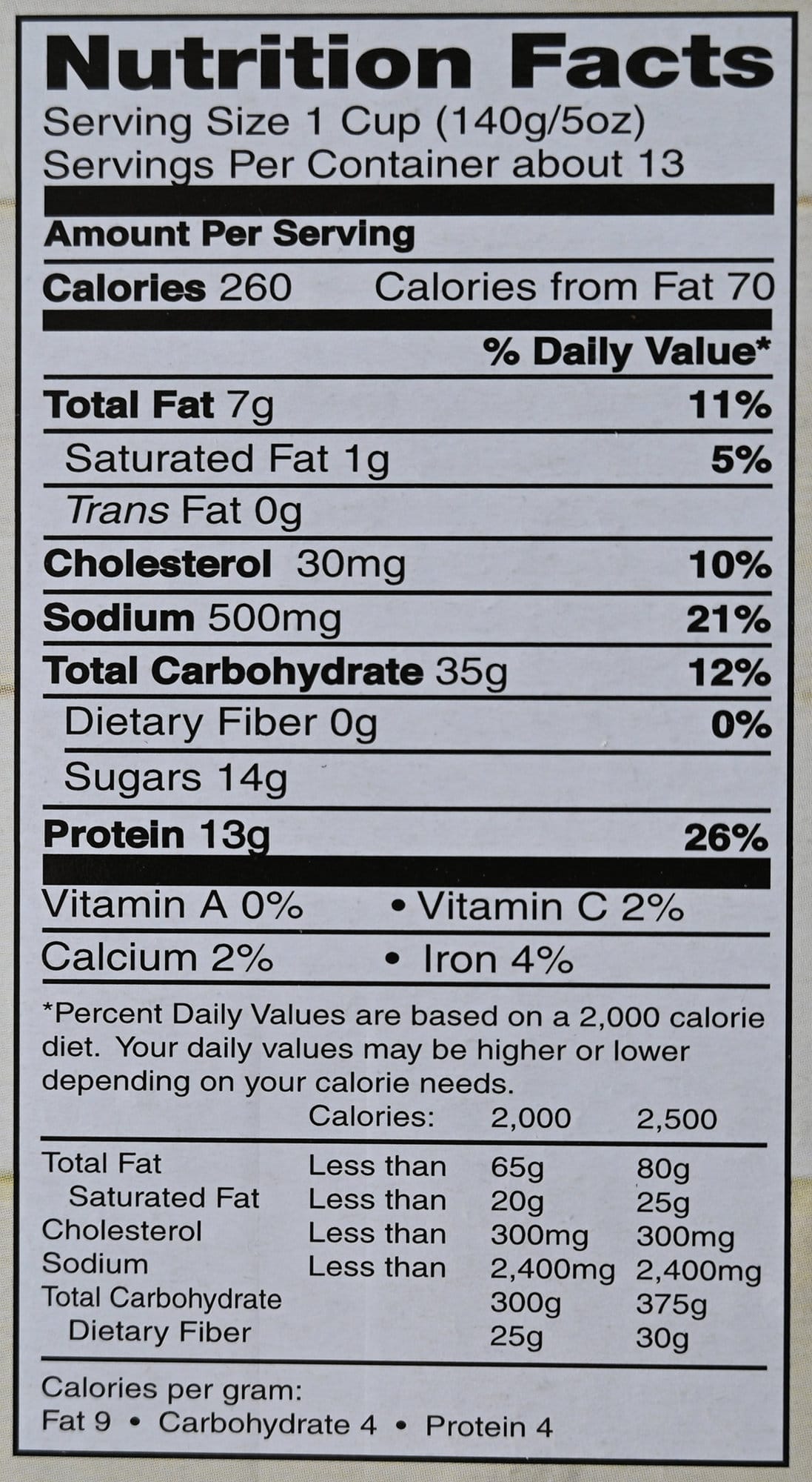 Image of the nutrition facts for the chicken from the back of the box.