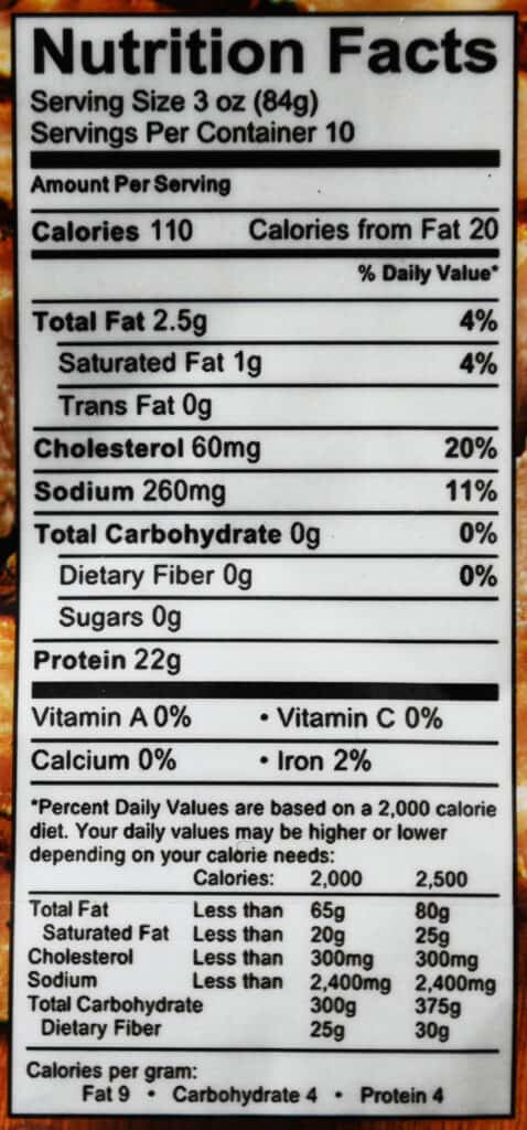 Image of the nutrition facts for the chicken strips from the back of the package.