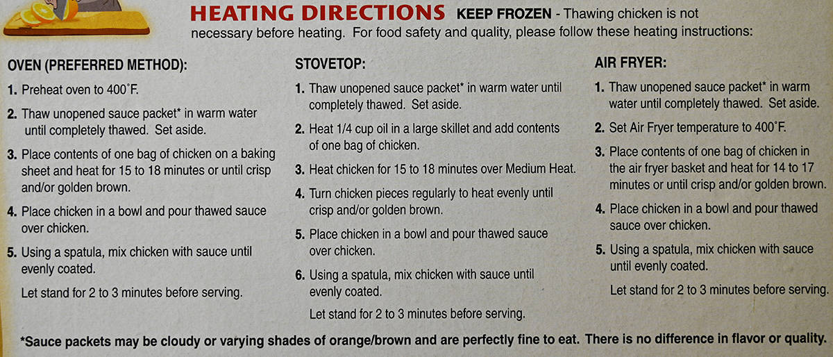 Image of the heating directions for the orange chicken from the box.