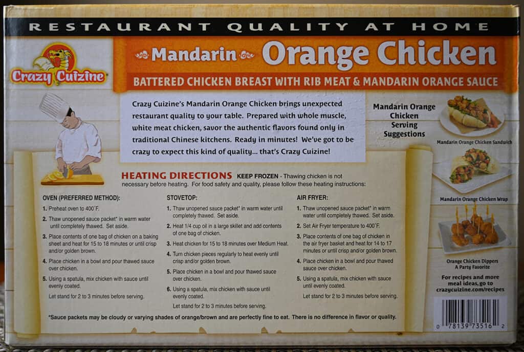 Image of the back of the box of orange chicken showing heating directions and product and company description.