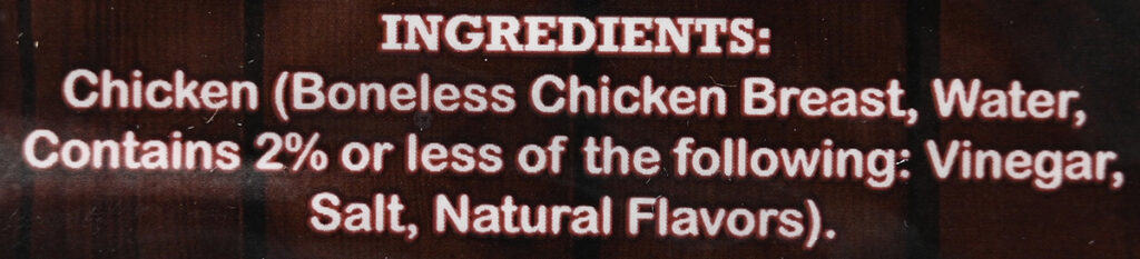 Image of the ingredients for the chicken strips from the back of the package.