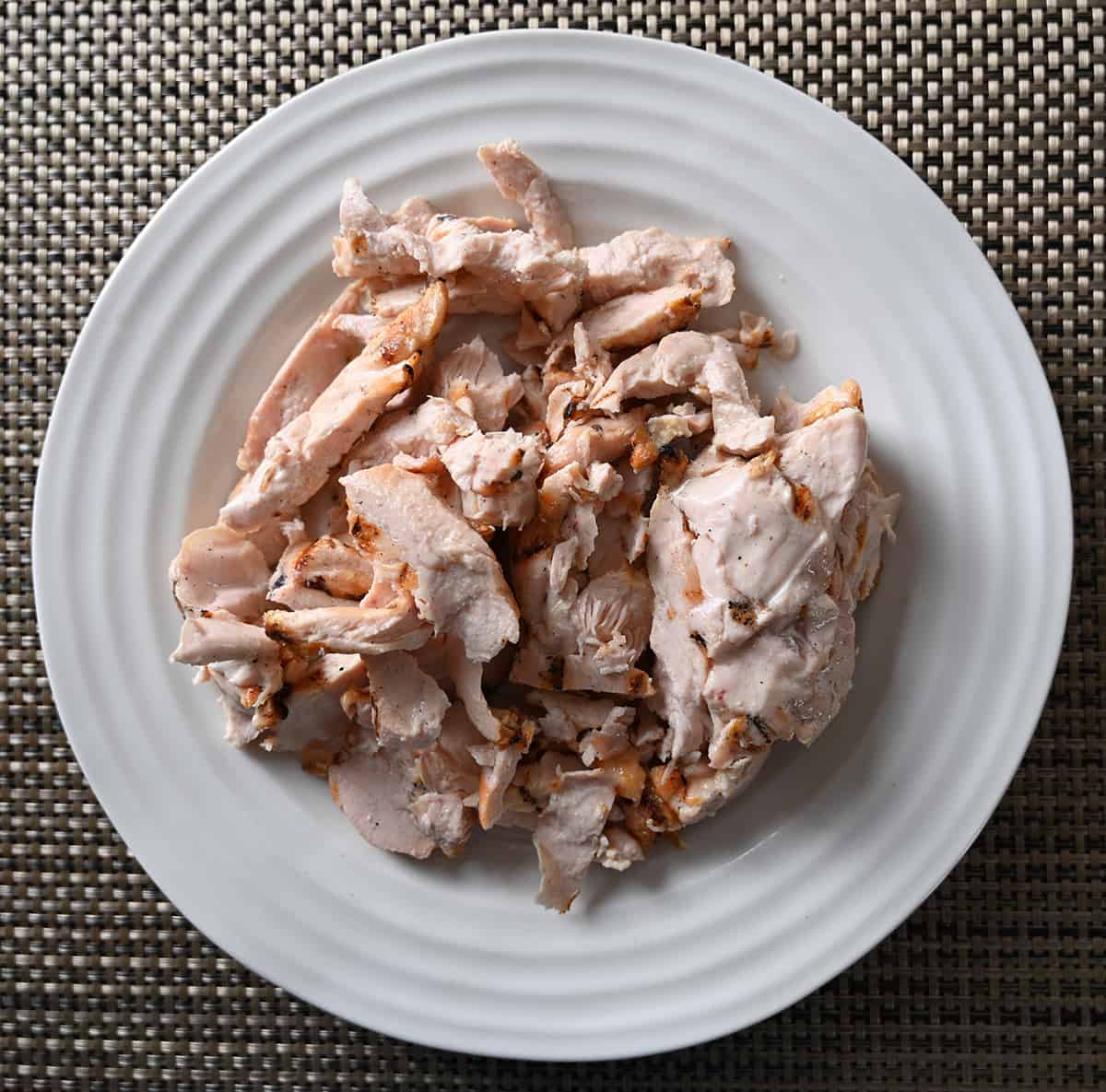 Top down image of a plate with the grilled chicken strips on it.