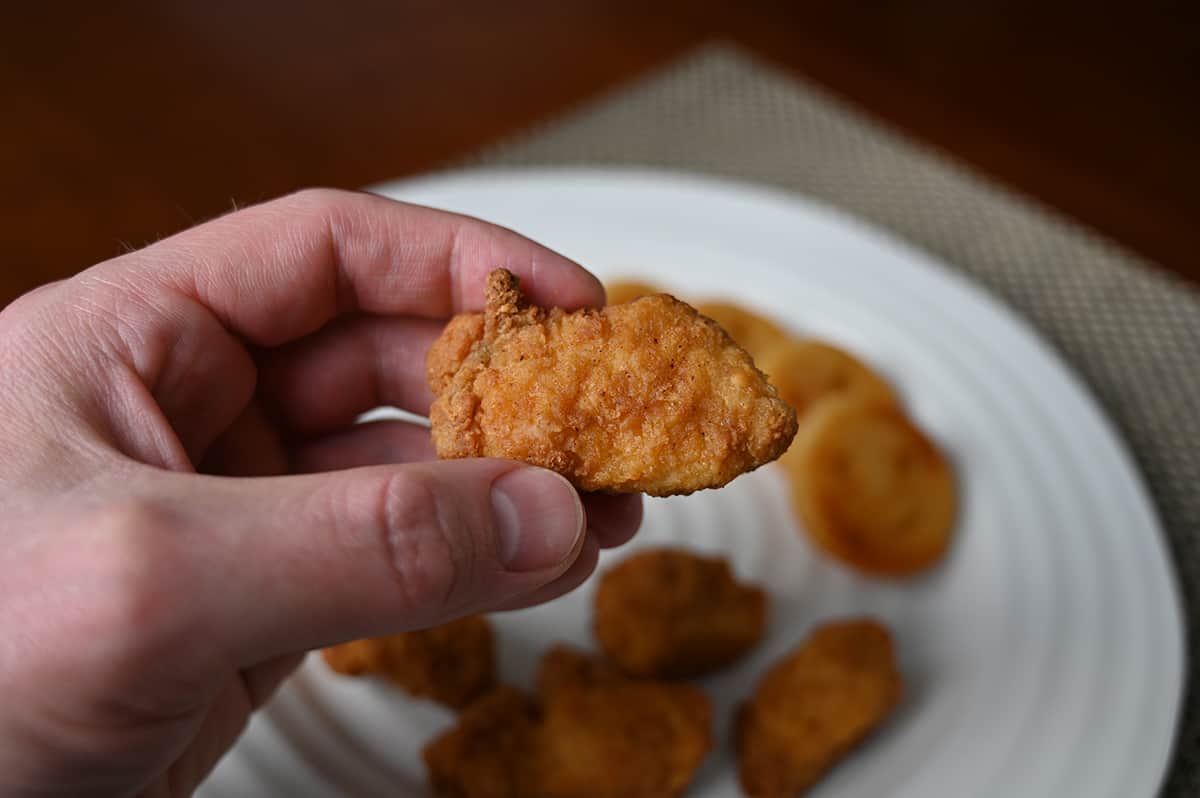 Closeup image of a hand holding one chicken breast chunk close to the camera.