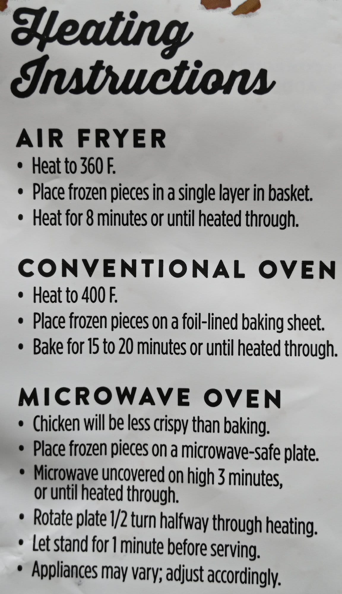 Image of the heating instructions for the chicken breast chunks from the back of the bag.
