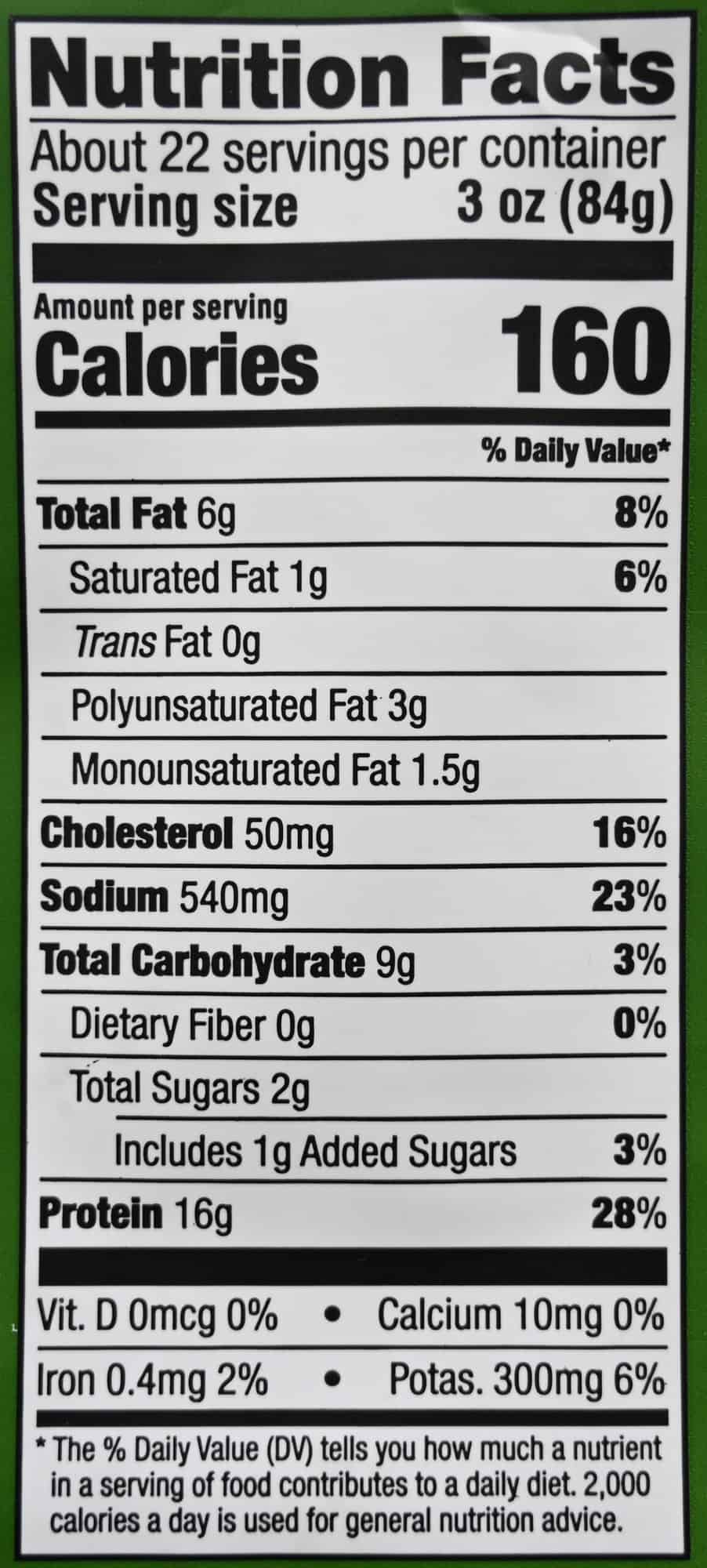 Image of the nutrition facts for the chicken breast chunks from the back of the bag,