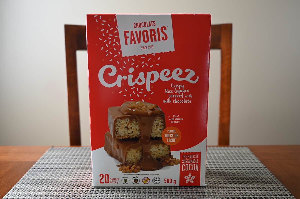 Image of the Costco Chocolats Favoris Crispeez box standing up on a table unopened.