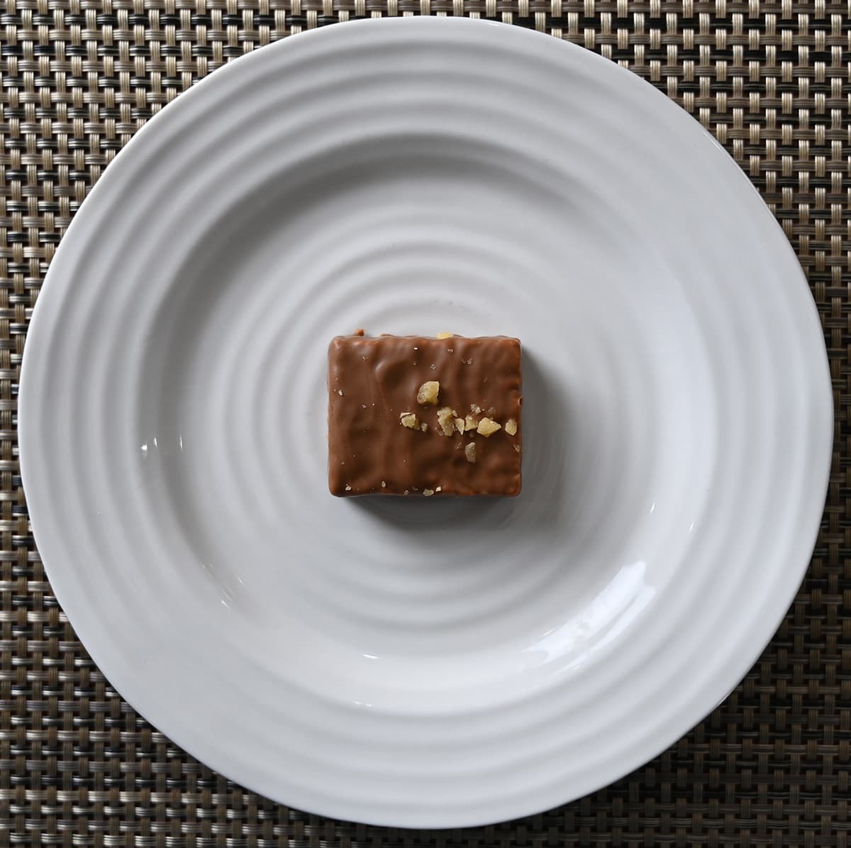 Top down image of one Crispeez square served on a white plate.