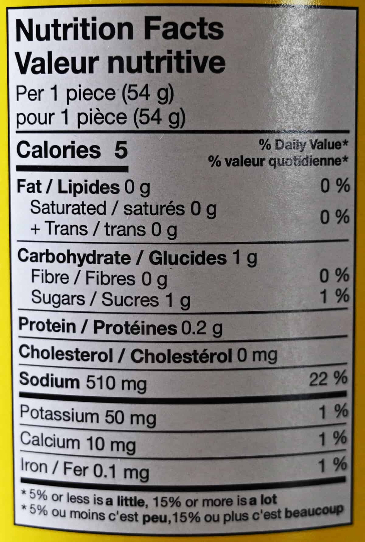 Image of the nutrition facts for the dill pickles from the jar.