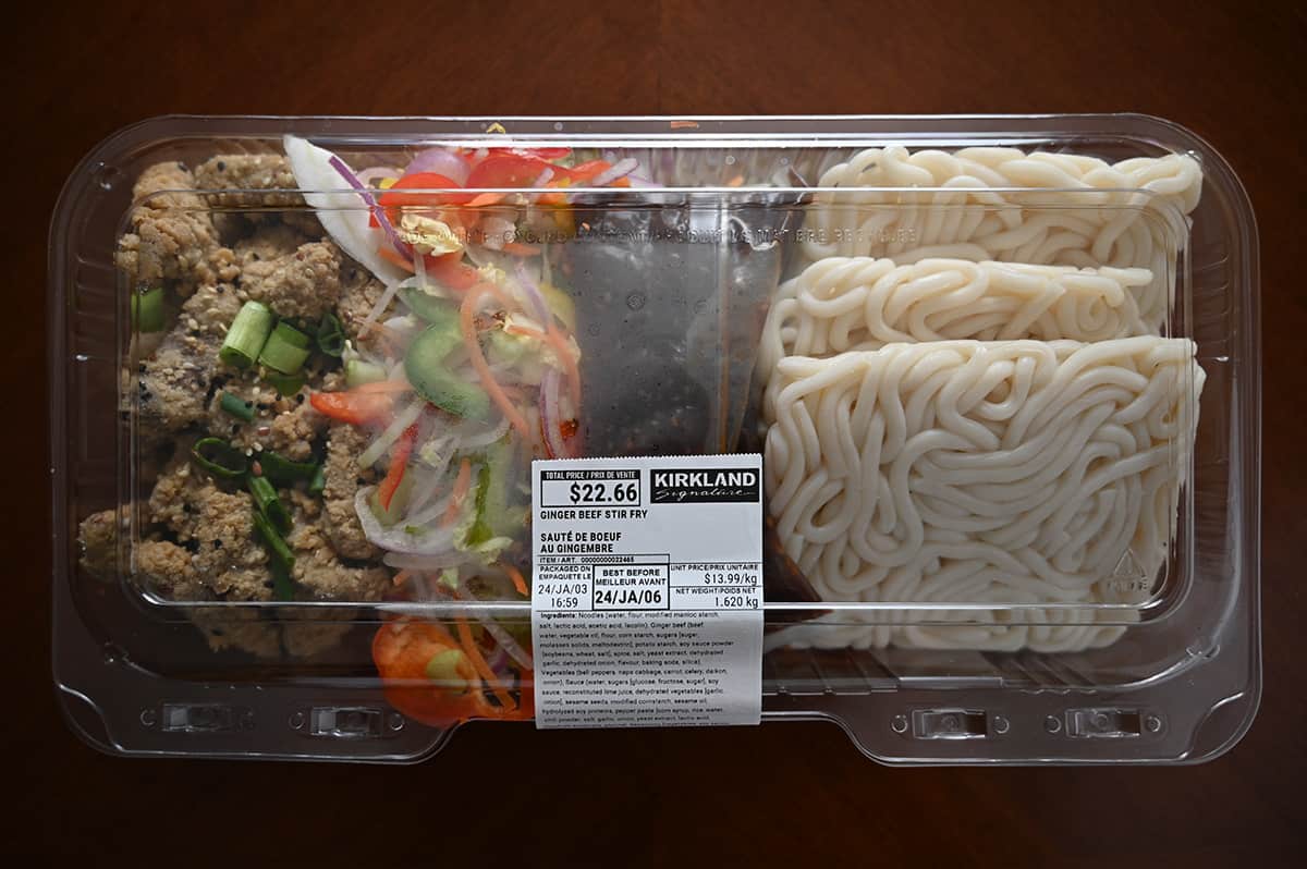 Top down image of the Costco Kirkland Signature Ginger Beef Stir Fry container unopened 