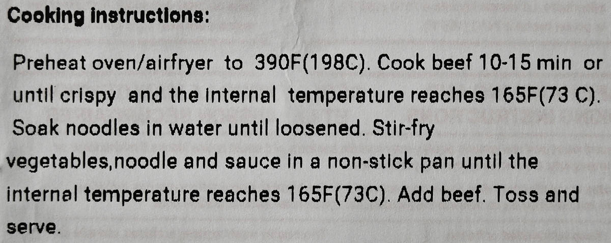 Image of the cooking instructions for the ginger beef stir fry from the package.