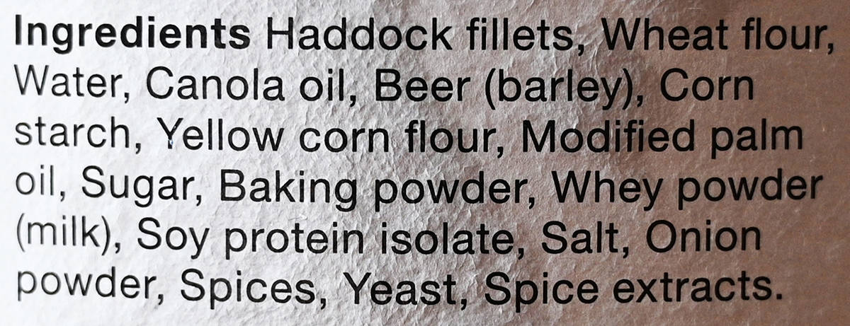 Image of the ingredients list for the battered haddock from the back of the box.
