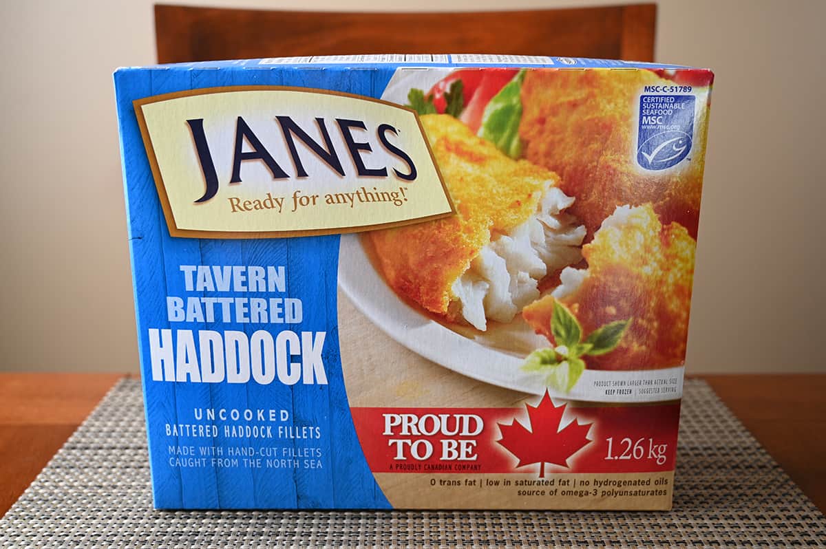 Image of the Costco Janes Tavern Battered Haddock box unopened sitting on a table.