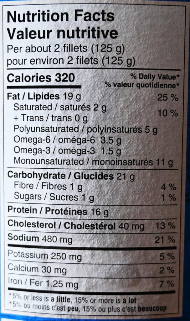 Image of the nutrition facts for the Haddock from the back of the box.