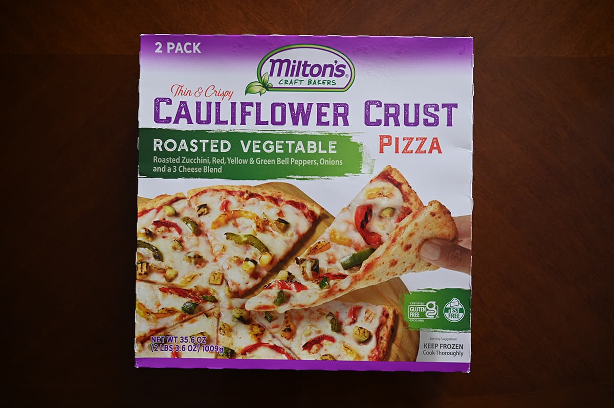 Top down image of the Costco Milton's Cauliflower Crust Pizza box sitting on a table unopened.