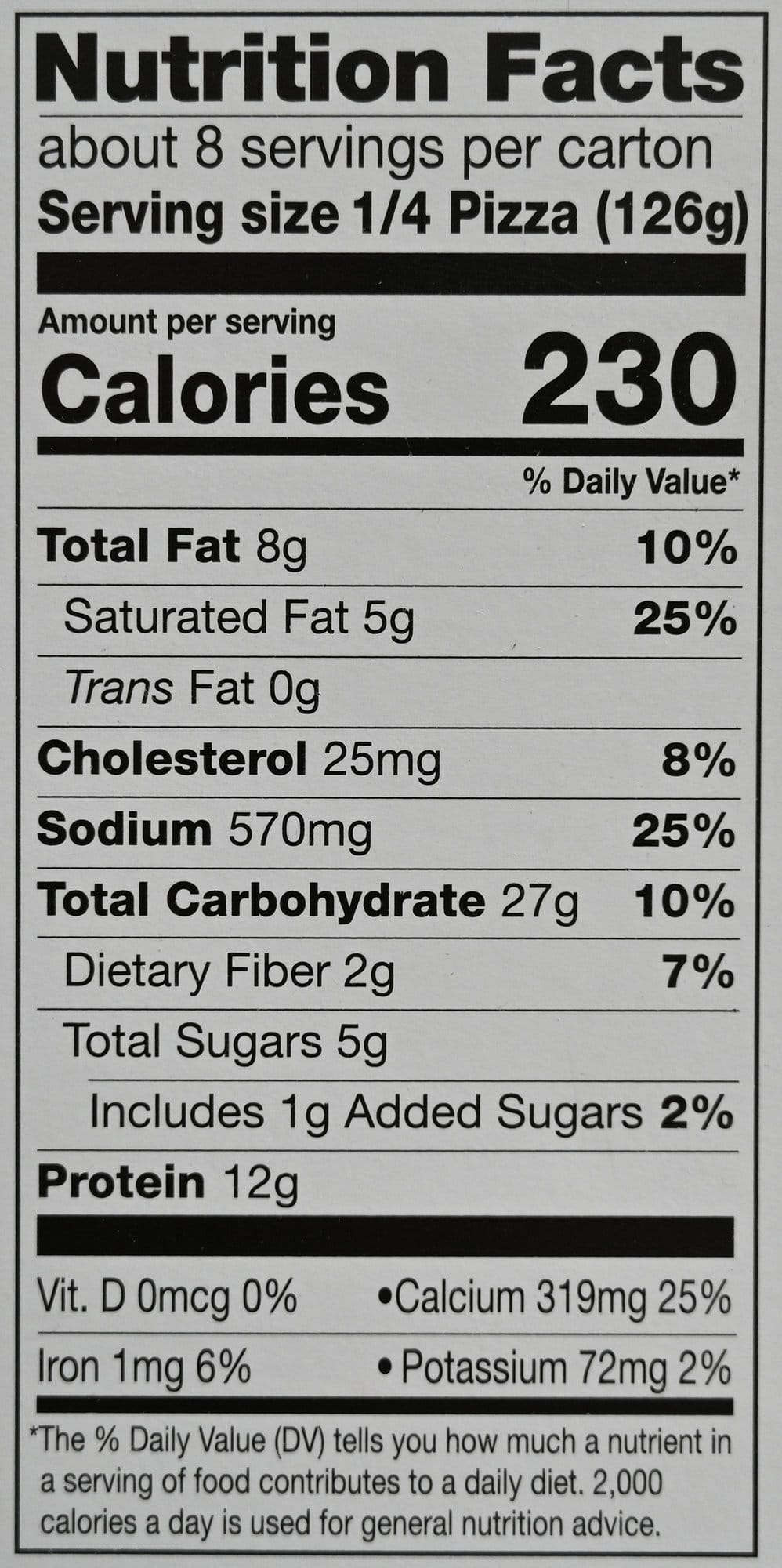 Image of the nutrition facts for the pizza.