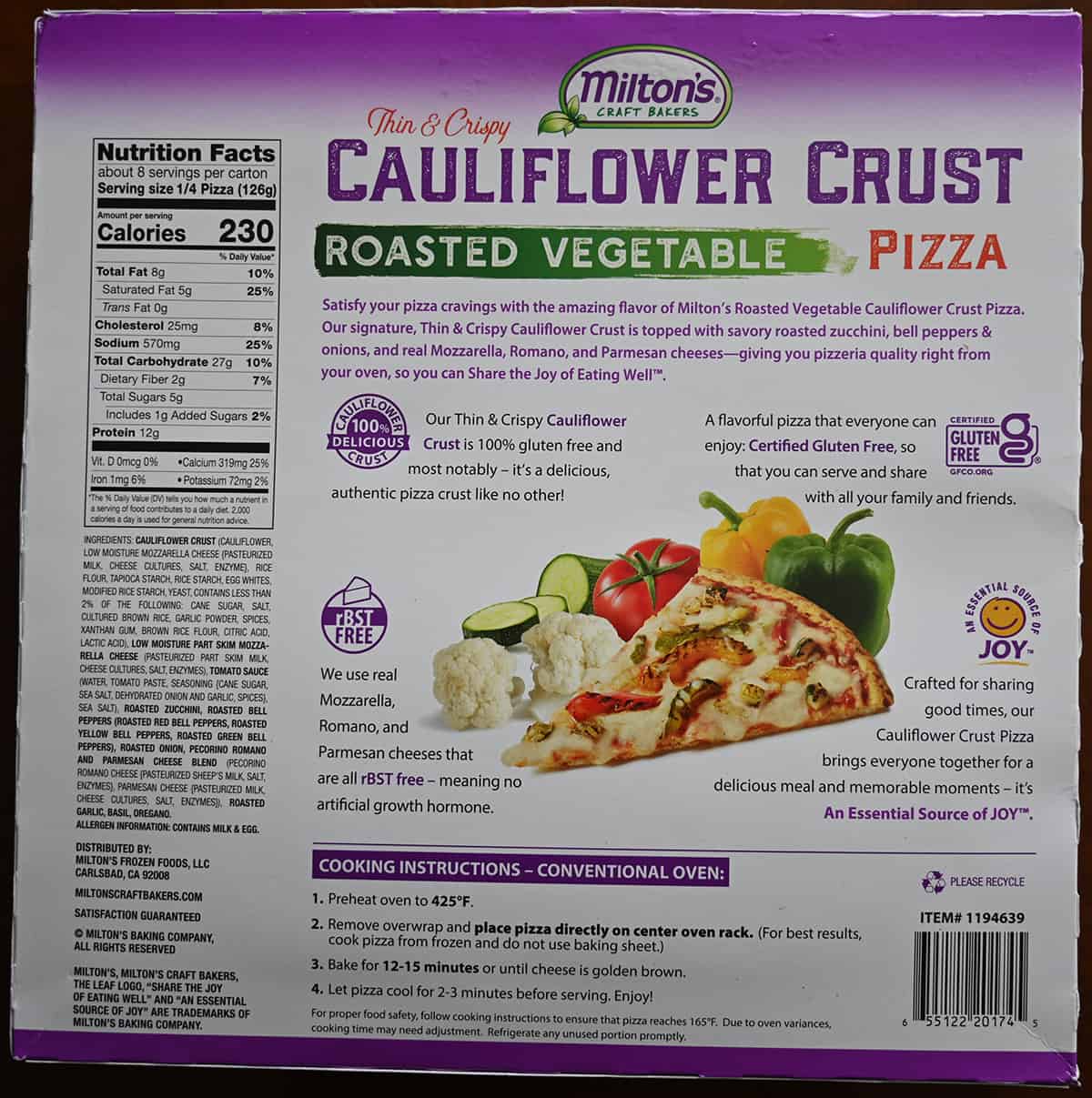 Image of the back of the cauliflower crust pizza box showing ingredients, calories and cooking instructions.