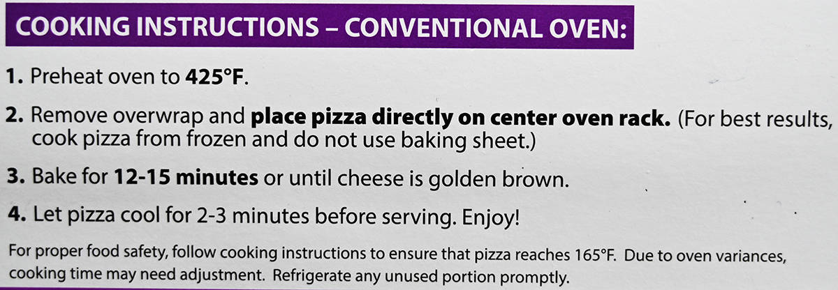 Image of the cooking instructions for the pizza from the back of the box.