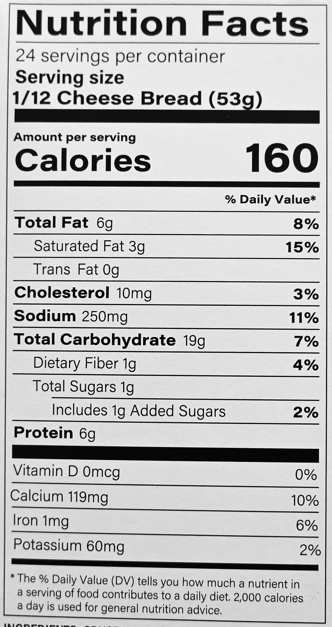 Image of the nutrition facrs for the cheese bread from the back of the box.