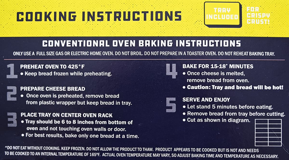 Image of the cooking instructions for the cheese bread from the back of the box.