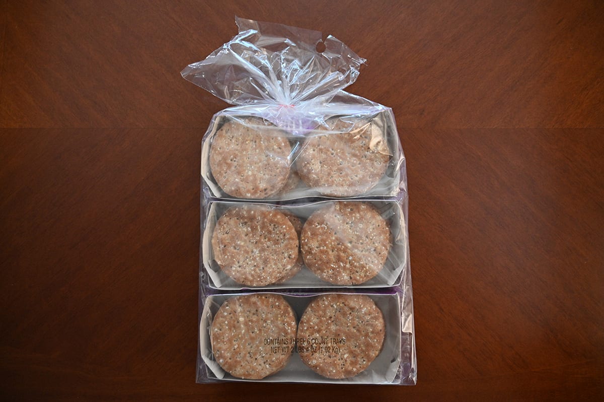 Top down image of the sandwich thins in their packaging showing three packs of six thins wrapped in plastic.