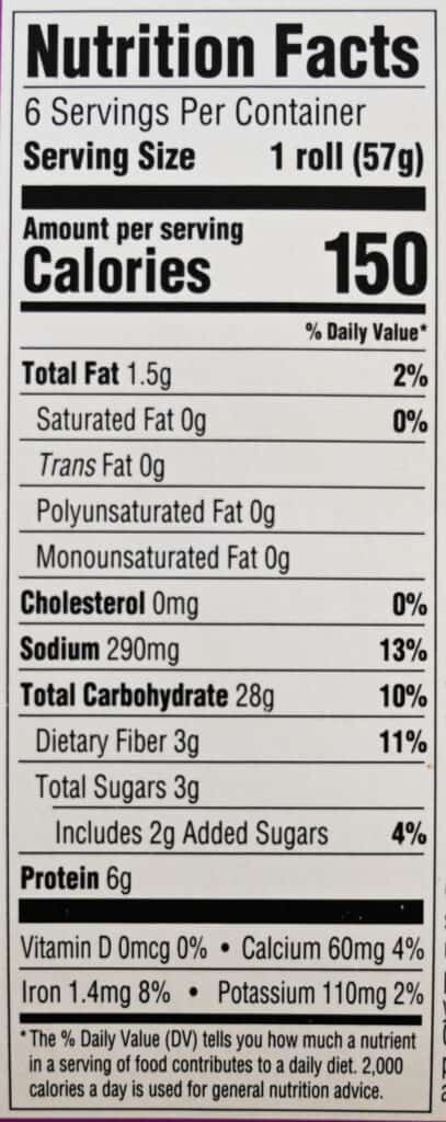 Image of the sandwich thin nutrition facts from the packaging.