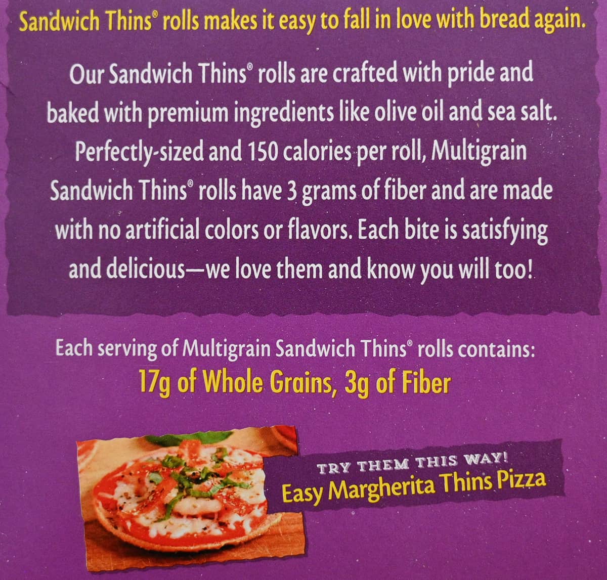 Image of the sandwich thins product description from the back of the box.