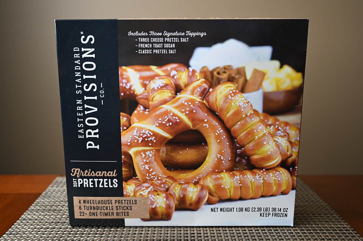 Image of the Costco Eastern Standard Provisions Co. Artisanal Soft Pretzels box unopened sitting on a table.