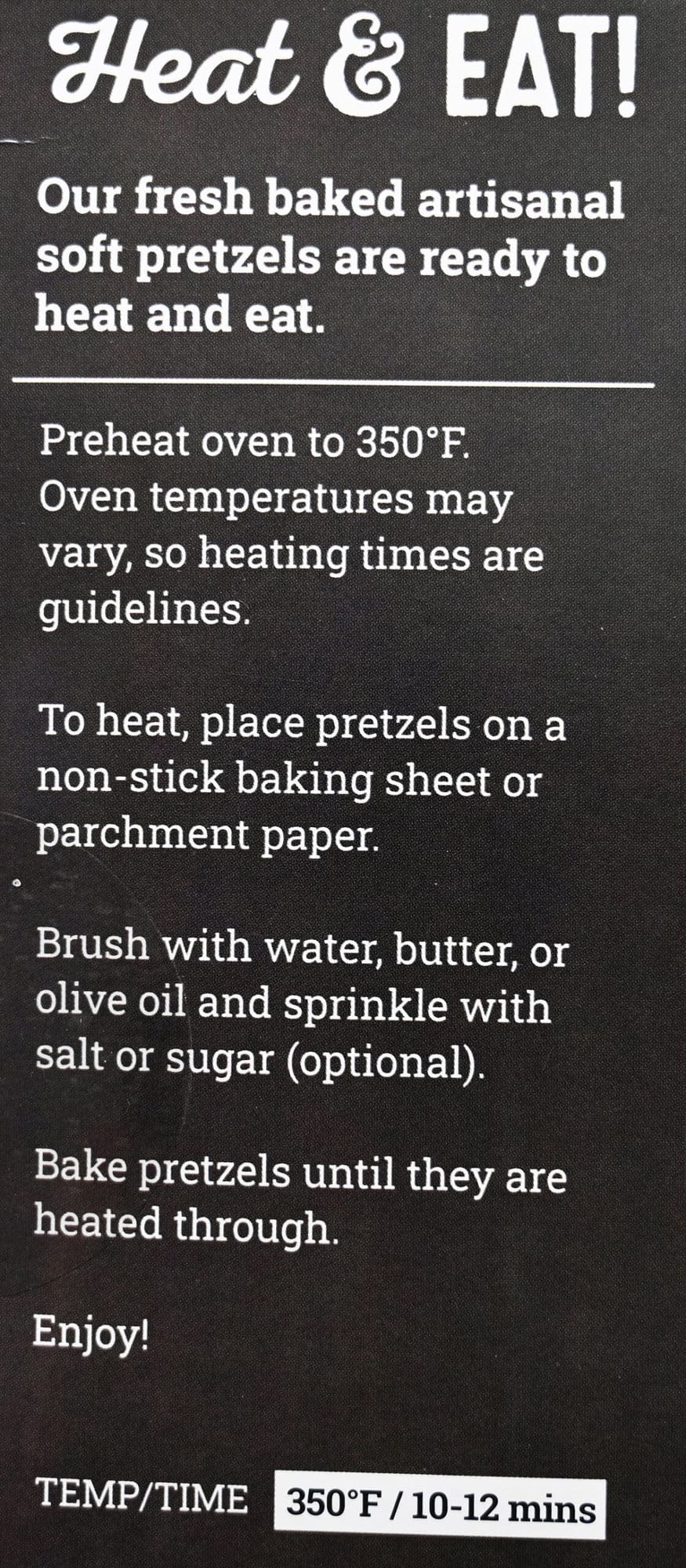 Image of the heating instructions for the pretzels in general from the box.