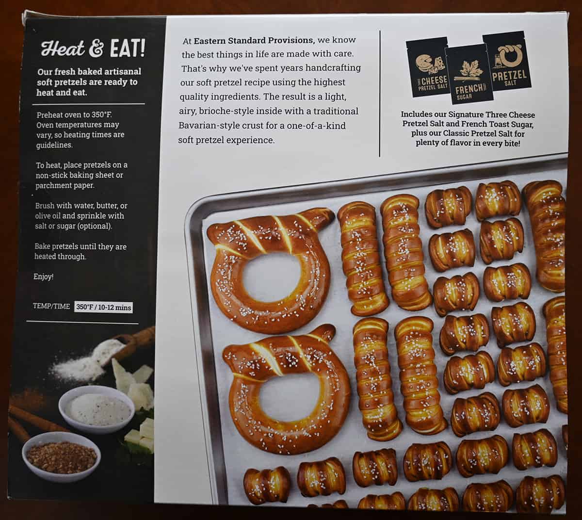 Image of the back of the box of pretzels showing company description and cooking instructions.