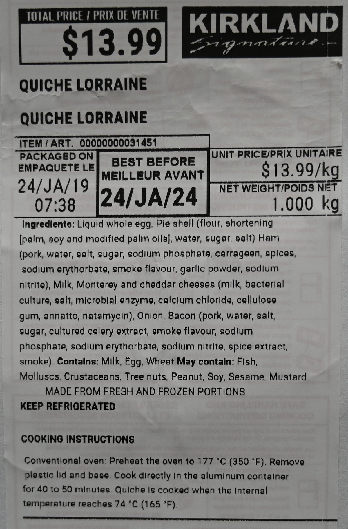 Image of the front label on the quiche with ingredients, cost and cooking instructions.