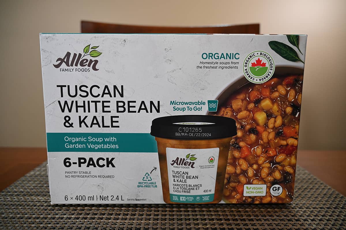Costco Allen Family Foods Tuscan White Bean & Kale Soup box sitting on a table unopened.
