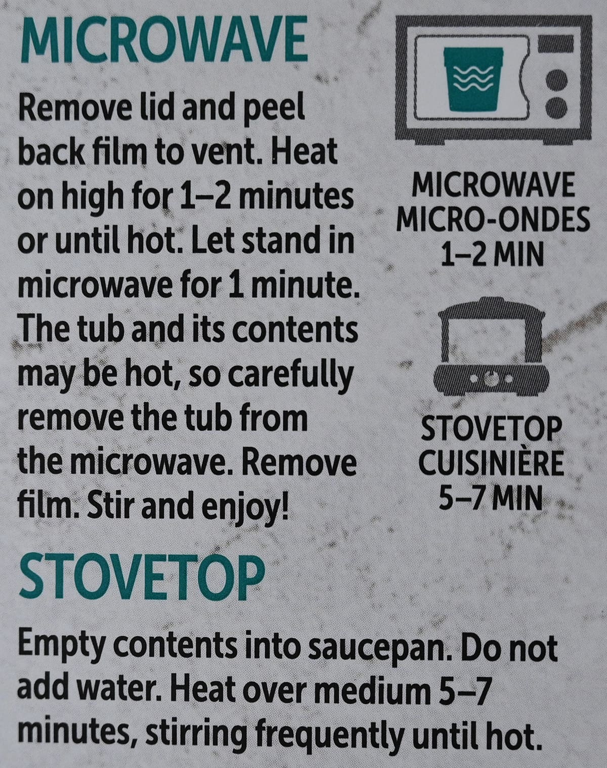 Closeup image of the heating instructions for the soup from the back of the box.